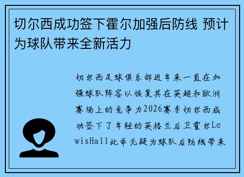 切尔西成功签下霍尔加强后防线 预计为球队带来全新活力